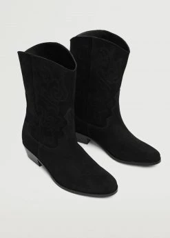 Mango Teen Cowboy Leather Boots Black